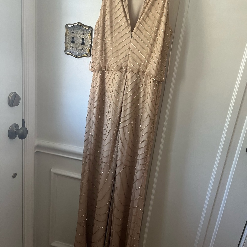 Art Deco Beaded Blouson Dress With Halter Neckline in Champagne Gold Regular 0